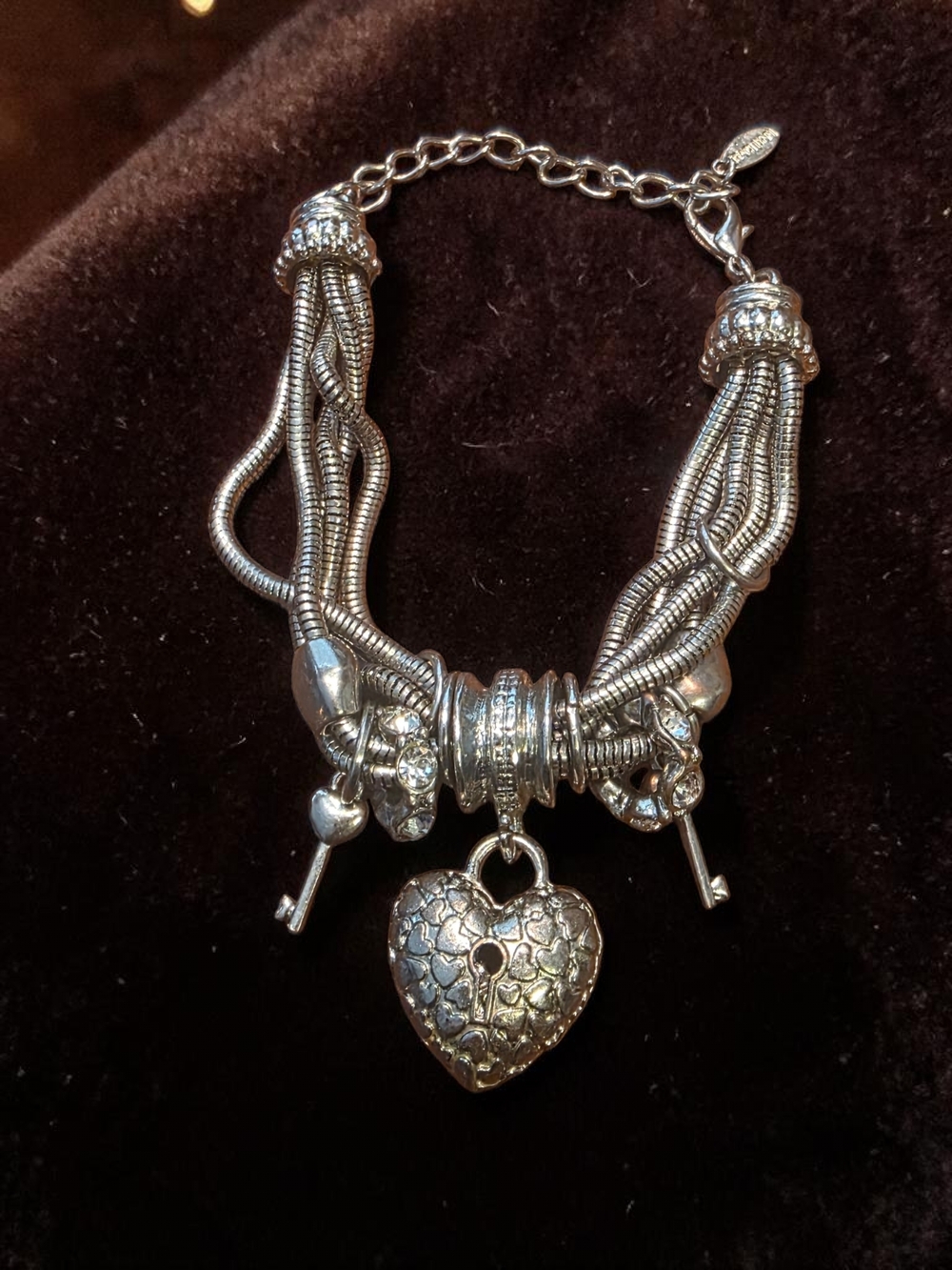 Traci Lynn Silver Heart Lock & Key Multi-Strand Charm Bracelet